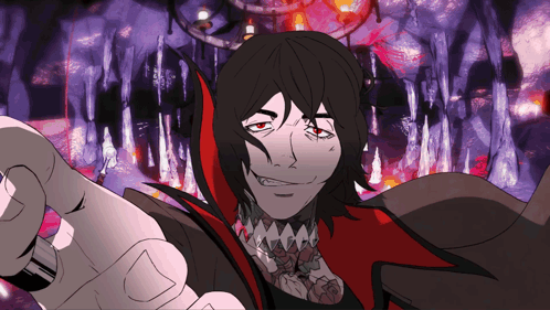 A Cartoon Character With Black Hair And Red Eyes Is Pointing GIF