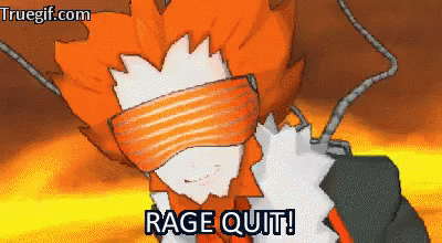 a cartoon character with blindfolds and the words " rage quit " on the bottom