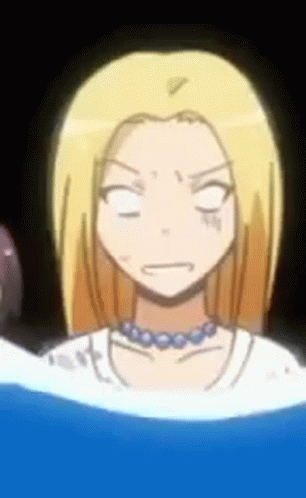 A Cartoon Character With Blonde Hair And A Necklace Is Standing In The Water . GIF