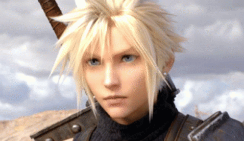 A Cartoon Character With Blonde Hair And Blue Eyes Is Holding A Sword GIF