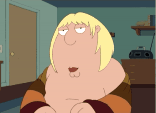 a cartoon character with blonde hair is sitting in a room with a boombox in the background