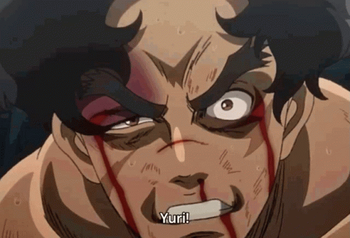 A Cartoon Character With Blood On His Face Says " Yuri " GIF