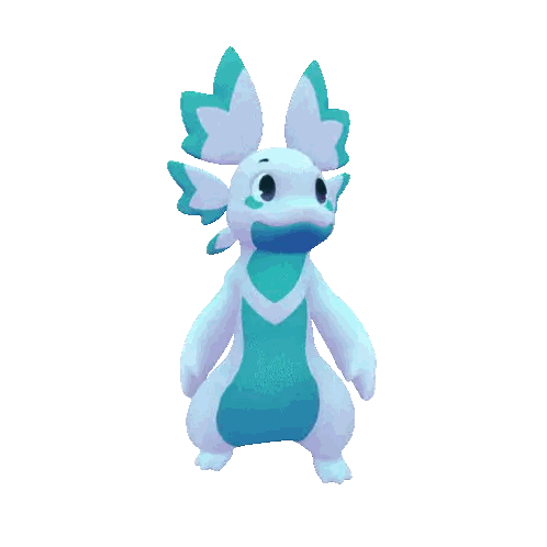 a cartoon character with blue and white wings and a white face