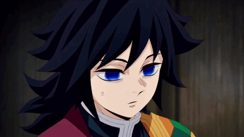 A Cartoon Character With Blue Eyes And Black Hair GIF