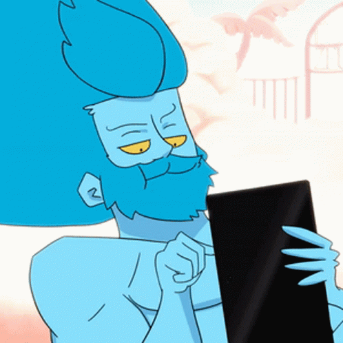 A Cartoon Character With Blue Hair And A Beard Is Holding A Tablet GIF