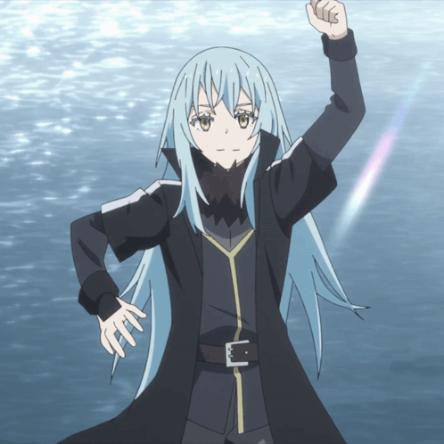 A Cartoon Character With Blue Hair And A Black Coat Stands In Front Of A Body Of Water GIF