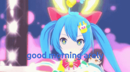 A Cartoon Character With Blue Hair And A Bow On Her Head Says Good Morning Arely GIF