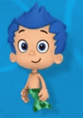 A Cartoon Character With Blue Hair And A Green Tail Is Standing On A Blue Surface . GIF