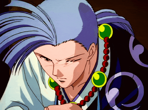 A Cartoon Character With Blue Hair And A Necklace With Green Beads GIF
