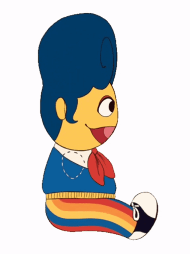 A Cartoon Character With Blue Hair And A Red Scarf Is Sitting On A Rainbow GIF