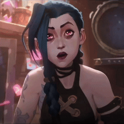 a cartoon character with blue hair and a tattoo on her arm is looking at the camera .