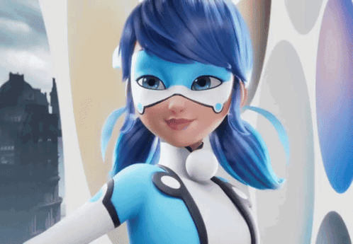 A Cartoon Character With Blue Hair And A White Suit GIF