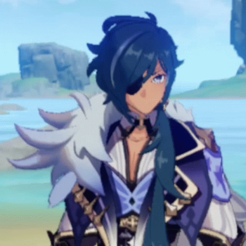 A Cartoon Character With Blue Hair And An Eye Patch Stands In Front Of A Body Of Water . GIF