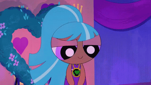 A Cartoon Character With Blue Hair And Purple Eyes Is Standing In Front Of A Heart GIF