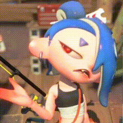 A Cartoon Character With Blue Hair And Red Eyes Is Holding A Fishing Pole . GIF