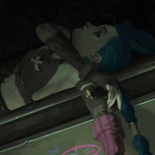 a cartoon character with blue hair and red eyes is laying upside down