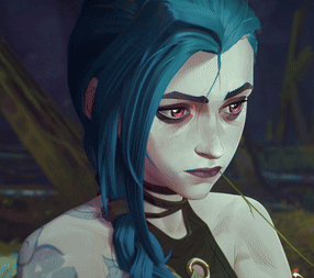 A Cartoon Character With Blue Hair And Red Eyes Looks At The Camera GIF