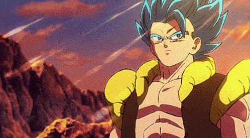 A Cartoon Character With Blue Hair And Yellow Gloves Stands In Front Of A Mountain . GIF