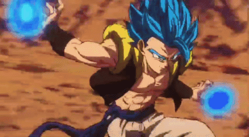 A Cartoon Character With Blue Hair Is Holding A Blue Ball In His Hand . GIF