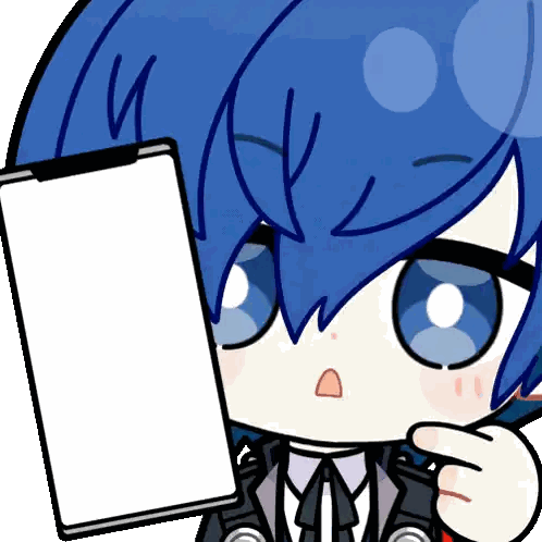 a cartoon character with blue hair is holding a cellphone