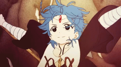 a cartoon character with blue hair is holding a stick in his hand .