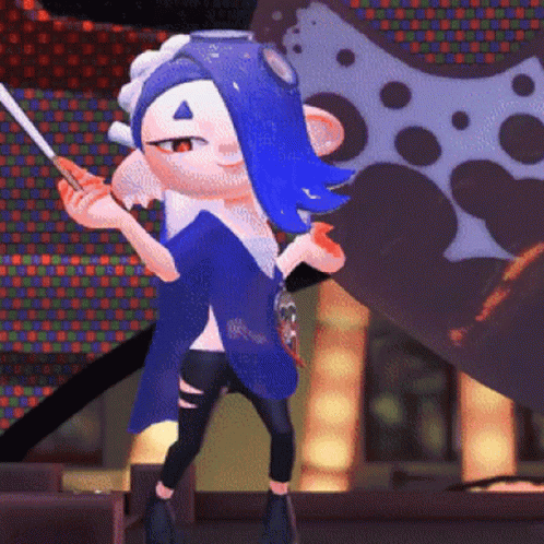A Cartoon Character With Blue Hair Is Holding A Sword In Her Hand GIF