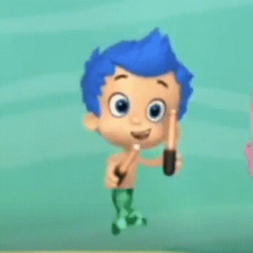 A Cartoon Character With Blue Hair Is Holding A Sword In His Hand . GIF