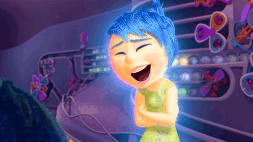 A Cartoon Character With Blue Hair Is Laughing With Her Mouth Open GIF