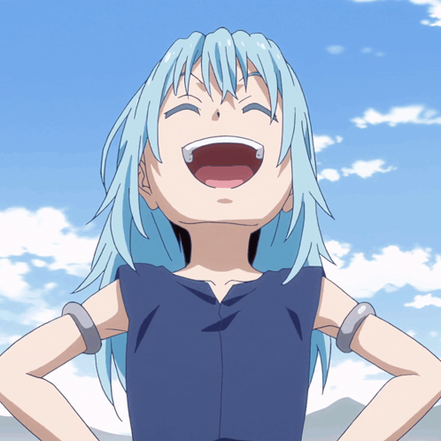 A Cartoon Character With Blue Hair Is Laughing With Her Mouth Open GIF