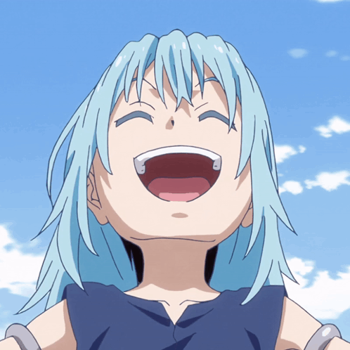 A Cartoon Character With Blue Hair Is Laughing With Her Mouth Open GIF