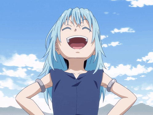 A Cartoon Character With Blue Hair Is Laughing With His Mouth Wide Open GIF