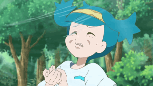 a cartoon character with blue hair is making a face