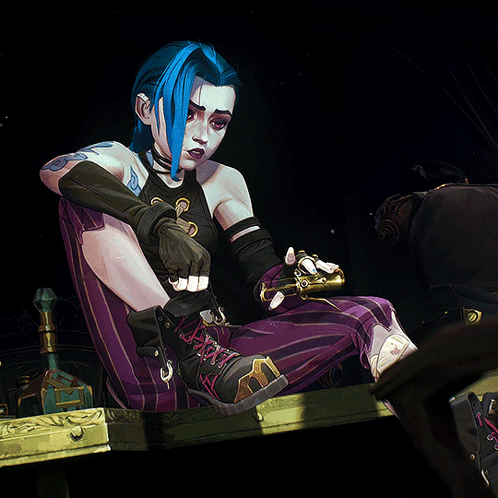 A Cartoon Character With Blue Hair Is Sitting On A Bench GIF