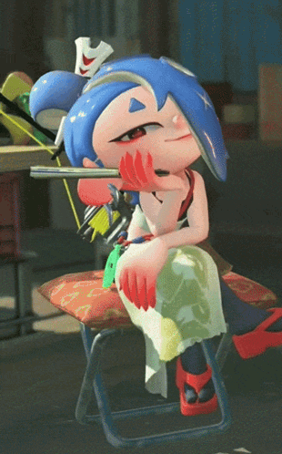 A Cartoon Character With Blue Hair Is Sitting On A Stool GIF