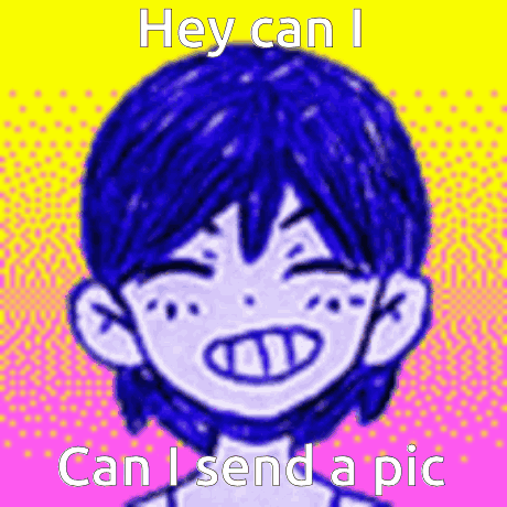 A Cartoon Character With Blue Hair Is Smiling And Asking If He Can Send A Picture . GIF