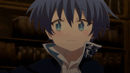 A Cartoon Character With Blue Hair Is Smiling In Front Of A Shelf Of Books GIF