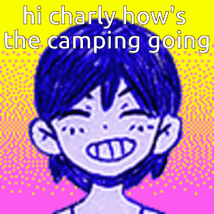 A Cartoon Character With Blue Hair Is Smiling With The Words `` Hi Charly How 'S The Camping Going '' . GIF