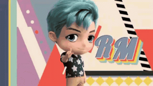 A Cartoon Character With Blue Hair Is Standing In Front Of A Colorful Background With The Word Rm On It . GIF