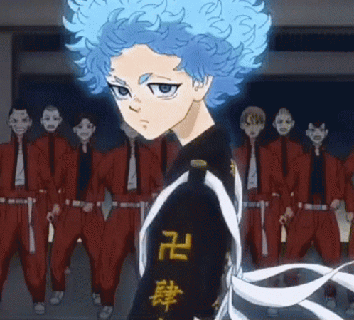 A Cartoon Character With Blue Hair Is Standing In Front Of A Group Of People GIF