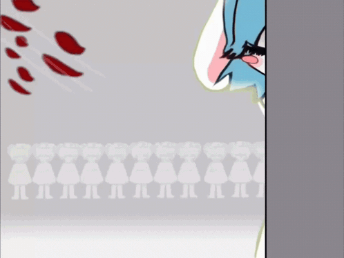 a cartoon character with blue hair is standing in front of a row of silhouettes of girls