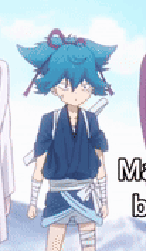 a cartoon character with blue hair is standing in front of a sign that says `` i am a ninja '' .