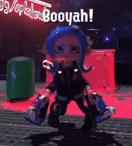 A Cartoon Character With Blue Hair Is Standing In Front Of A Sign Which Says Booyah GIF