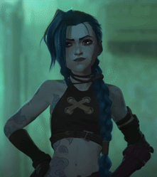 A Cartoon Character With Blue Hair Is Standing With Her Hands On Her Hips In A Dark Room . GIF