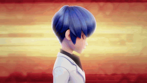 A Cartoon Character With Blue Hair Is Wearing A White Jacket GIF