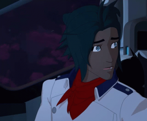 A Cartoon Character With Blue Hair Is Wearing A White Jacket And A Red Scarf GIF