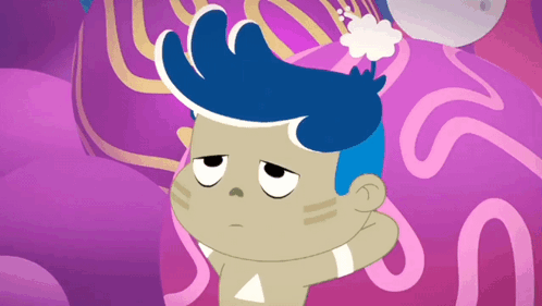 A Cartoon Character With Blue Hair Looks Tired GIF