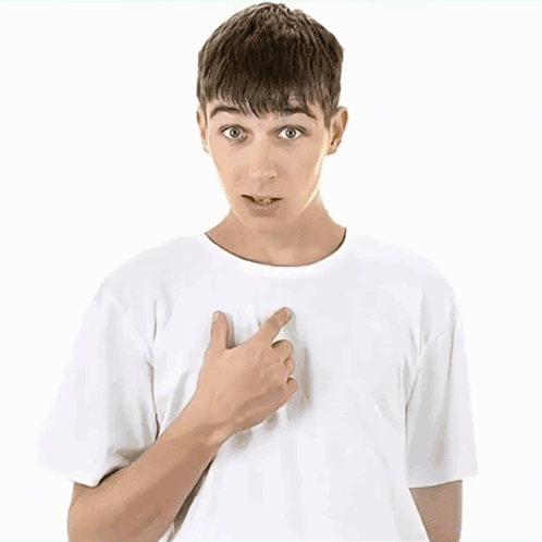 A Cartoon Character With Brown Hair And A Green Shirt Is Pointing At His Chest GIF