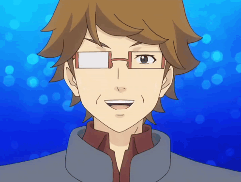 A Cartoon Character With Brown Hair And Glasses Is Smiling With A Blue Background GIF