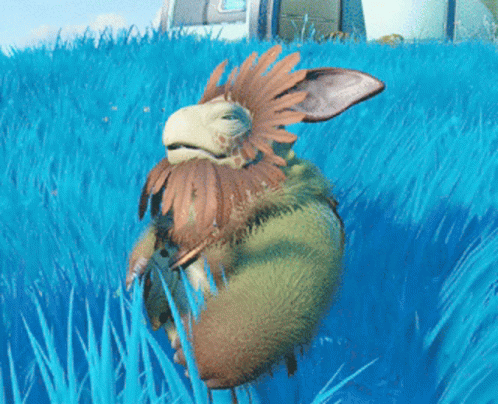 A Cartoon Character With Feathers On Its Head Is Laying In The Grass GIF