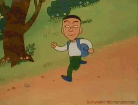 A Cartoon Character With Glasses And A Backpack Is Running On A Path . GIF
